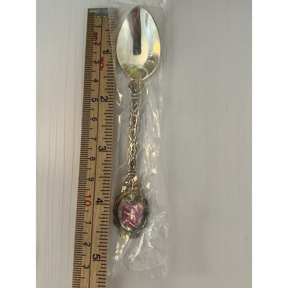 Vtg Porcelain Tea Sugar Spoon Coffee Pink Roses Stainless Steel 4.5" Set of 6 - Picture 3 of 7